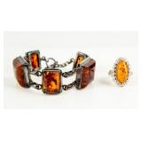 Jewelry Sterling Silver Faux Amber Bracelet & Ring