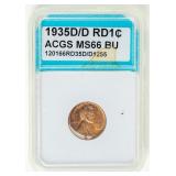 Coin 1935-D/D Lincoln Cent ACGS MS66