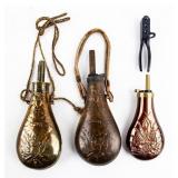 Lot Of 4 Civil War Powder Flasks & Bullet Mold