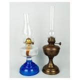(2) Vintage Oil Lamps Brass and Clear / Blue
