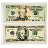 Currency (2) $20 Federal Reserve Notes Star Notes