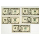 Currency (5) $5 Federal Reserve Notes Crisp Unc.