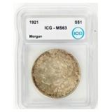 Coin 1921. Morgan Silver Dollar ICG MS63