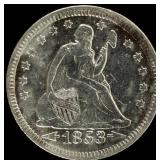 Coin 1853 Arrows & Rays Seated Liberty Quarter AU*