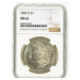 Coin 1885-O Morgan Silver Dollar NGC MS62
