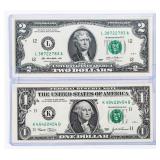 Coin (2) Federal Reserve Radar Notes $1 & $2