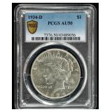 Coin 1934-D Peace Silver Dollar PCGS AUI50