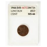 Coin 1944-D/D Lincoln Cent ACG MS66 Red