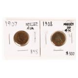 Coin Indian Cents 1907 AU & 1908 AU.