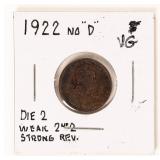 Coin 1922 No 'D' Lincoln Cent Die 2 in VG