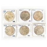 Coin 6 Peace Silver Dollars Very Fine to Unc.