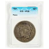 Coin 1921 Peace Silver Dollar ICG VF20