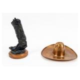 Copper Cowboy Hat Ashtray & Bronze Boot Statue