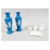 Set of 6 Bud Vases and Milk Glass