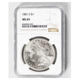 Coin 1881-S  Morgan Silver Dollar NGC MS65