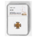 Coin 1853 T2  United States Gold Dollar NGC AU58