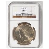 Coin 1922  Peace Silver Dollar NGC MS64