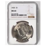 Coin 1925 Peace Silver Dollar NGC MS64