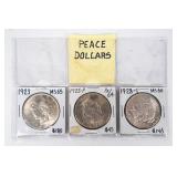 Coin 3 Peace Silver Dollars 1923, 25 & 28-S