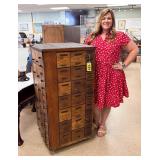 Large Vintage Wooden Rotating Hardware Cabinet