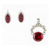 Jewelry Sterling Red Stone Pendant & Earrings
