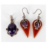 Jewelry Sterl Silver Amethyst Earrings & Pendant
