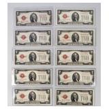 Currency (10) 1928 $2 United State Notes