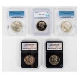 Coin (5) Kennedy Half Dollars Gaded & Certified