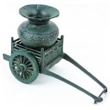 Cast Iron Japanese Rickshaw Flower Cart & Vase