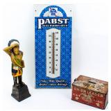 Vintage Lot Tin, Bank, & Thermometer