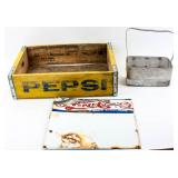 Vintage Pepsi Cola Crate, Carrier, & Sign