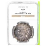 Coin 1921 Peace Silver Dollar NGC AU58 Key!