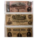 Coin 3 Genuine Confederate Notes $5, $10 & $100