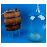 Antique Oak Barrel & Vintage 5 Gallon Glass Jug