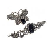 Onyx & Marcasite Pins Brooches15.3g TW
