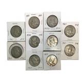 10 Franklin Half Dollars 1952-1963