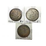 3 1921D Morgan Dollars