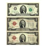 3 Two Dollar Bills 2 w Red Seal