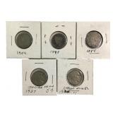 3 Liberty Head and 2 Buffalo Head Nickels