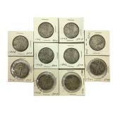 10 Walking Liberty Half Dollars 1936-1946