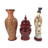 Cloisonne Asian Figurine Vase & Lacquered Jar