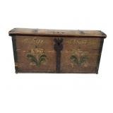 1857 Painted Wood Trunk w Forged Metal Fittings