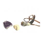 Carved Powder Horn w/ Amethyst & Flint Specimens
