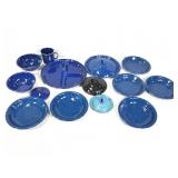 Blue Speckled Enamelware Bowls, Plates+