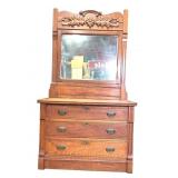 Eastlake Oak 3 Dwr Dresser w/ Carved Mirror