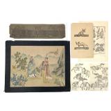 2 Hokusai Woodcuts & Silk Painting, Book Plates +