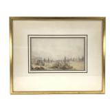 19th C Watercolor Landscape w Cypress Trees Framed