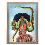 Woman w Snakes African Folk Reverse Painted Glass