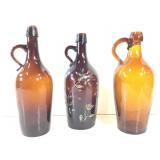 Liquor - 3 Amber Jug Style Bottles w/ Ring Handle