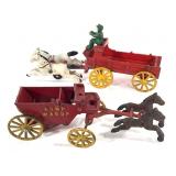 Cast Iron Horse Draw Red Wagon & Dump Wagon Toys